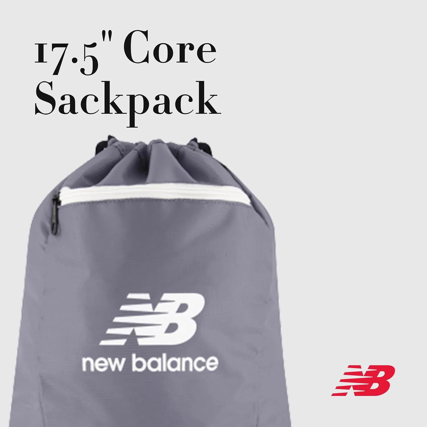 New Balance Drawstring Backpack, Small Gym Travel Bag with Front Zip Pocket, Sports Cinch Sack for Men and Women, Grey, 17.5 Inch