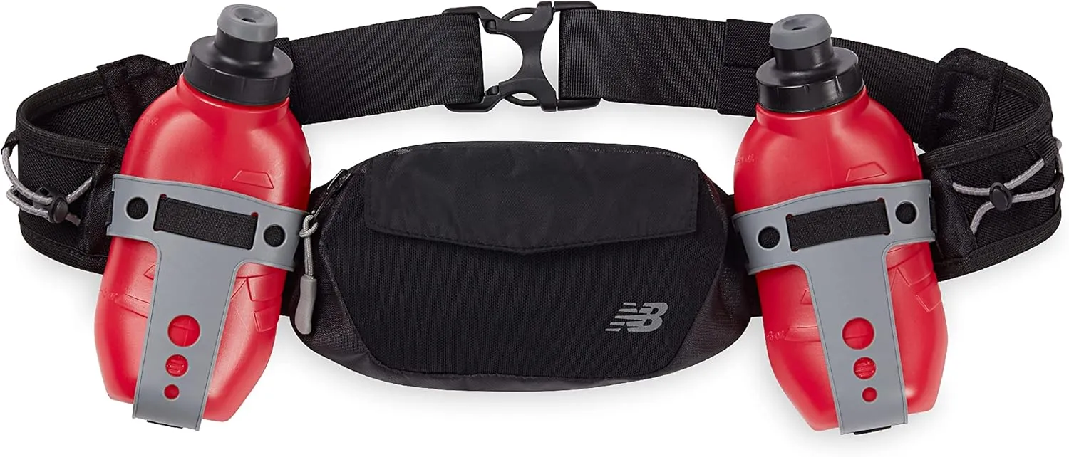 New Balance Dual Hydration Pack - Two 10 oz. Water Bottles with Adjustable Belt and Zippered Pockets - Reflective Details for Visibility - Water Pack for Running, Walking, Jogging, and Camping