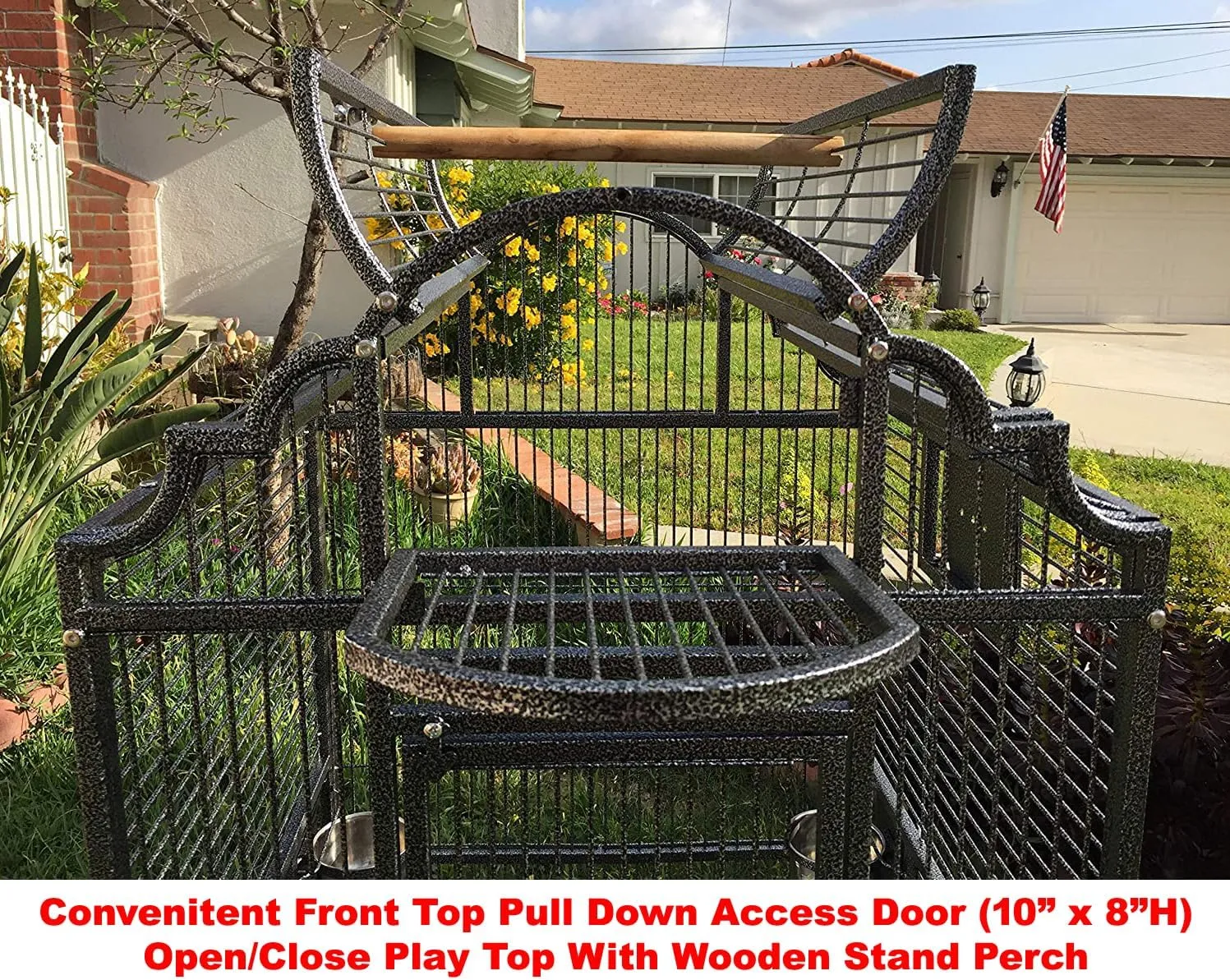New Large Elegant Wrought Iron Dome Play Top Bird Parrot Cage, Include Metal Seed Guard Solid Metal Feeder Nest Doors (24" W x 22" D x 63" H, Black Vein)