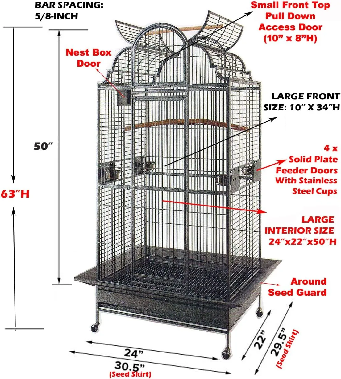 New Large Elegant Wrought Iron Dome Play Top Bird Parrot Cage, Include Metal Seed Guard Solid Metal Feeder Nest Doors (24" W x 22" D x 63" H, Black Vein)