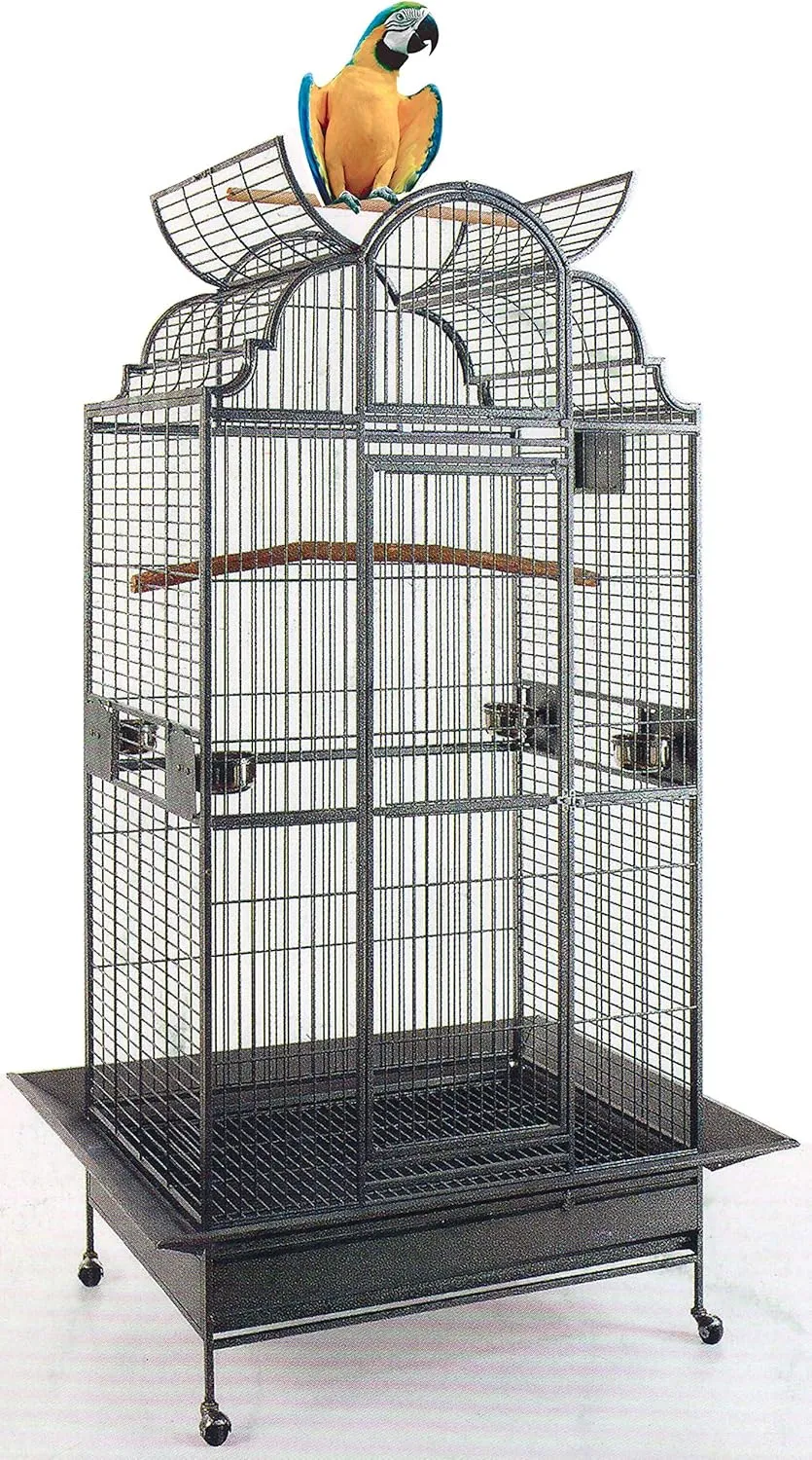 New Large Elegant Wrought Iron Dome Play Top Bird Parrot Cage, Include Metal Seed Guard Solid Metal Feeder Nest Doors (24" W x 22" D x 63" H, Black Vein)