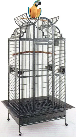 New Large Elegant Wrought Iron Dome Play Top Bird Parrot Cage, Include Metal Seed Guard Solid Metal Feeder Nest Doors (24" W x 22" D x 63" H, Black Vein)