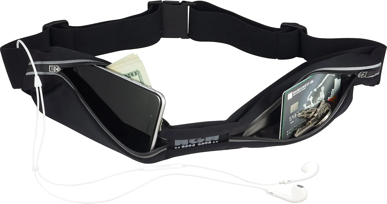 NGN Sport - Running Belt | Waist Pack | Travel Belt | Fitness Bag with Water Resistant Pockets for iPhone, Android, EpiPen, Money and Other Accessories 2-Pocket