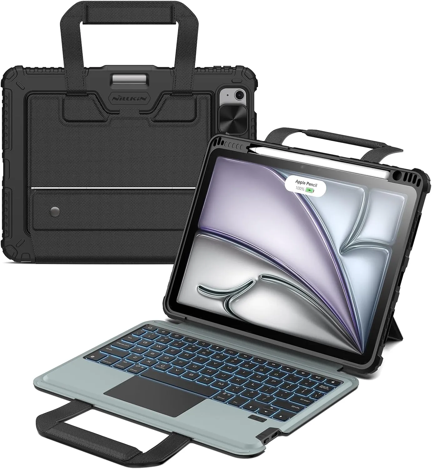 Nillkin Carry Go iPad Air 11 inch Case with Keyboard, for iPad Air 4/5/2024 M2, iPad Pro 2018/2020/2022 Detachable, Handle, Adjustable Stand, 7 Colors Backlit, TrackPad, Pencil Holder, Camera Cover