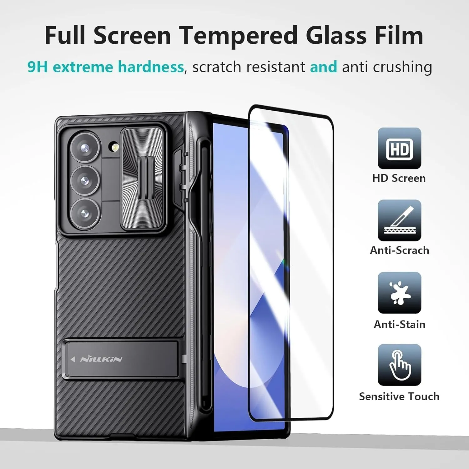 Nillkin for Galaxy Z Fold 6 Case with S Pen Holder, Built-in Screen Protecter & Slide Lens Cover & Metal Kickstand & Hinge Protection Full Shockproof Thin Slim Phone Cover for Samsung Fold 6, Black