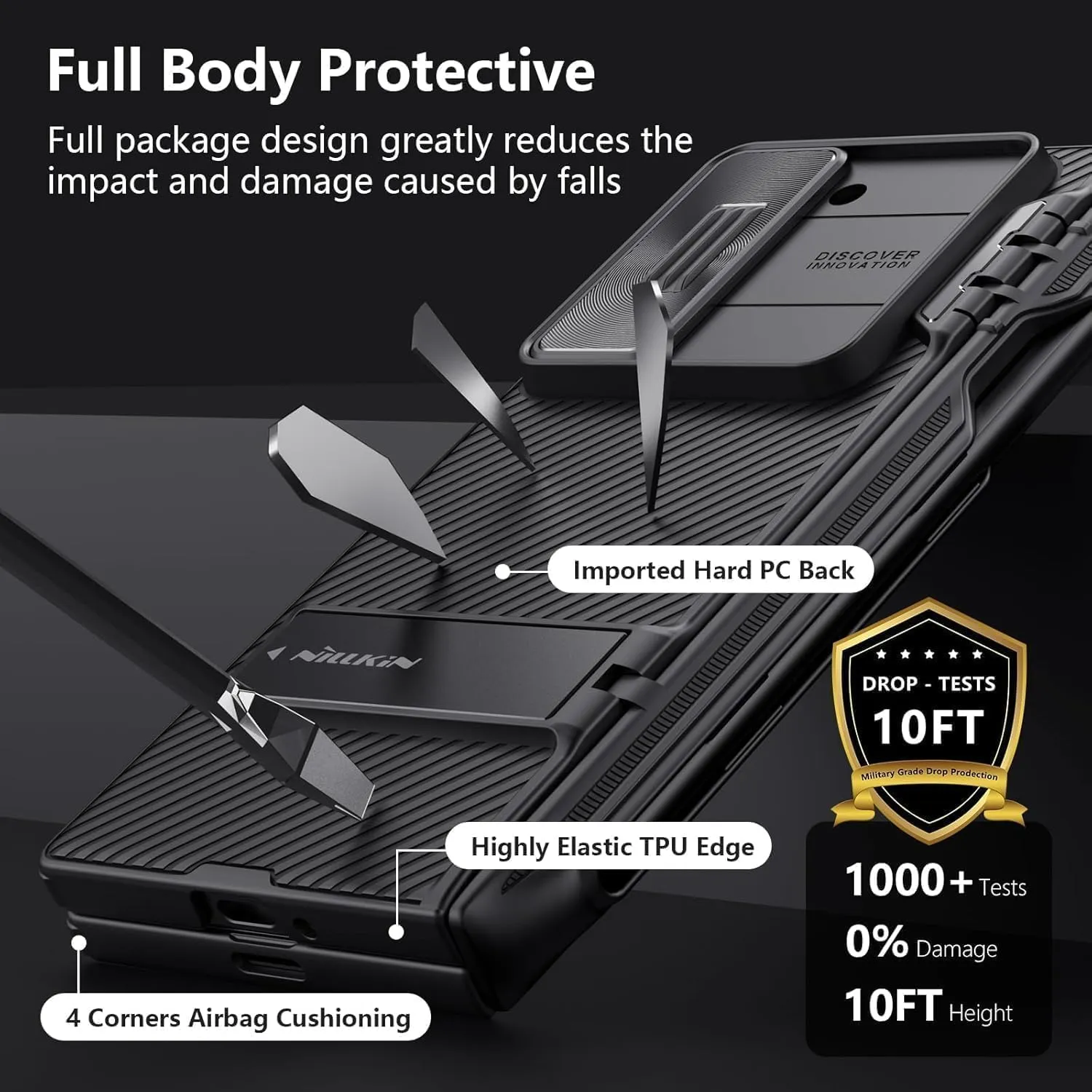 Nillkin for Galaxy Z Fold 6 Case with S Pen Holder, Built-in Screen Protecter & Slide Lens Cover & Metal Kickstand & Hinge Protection Full Shockproof Thin Slim Phone Cover for Samsung Fold 6, Black
