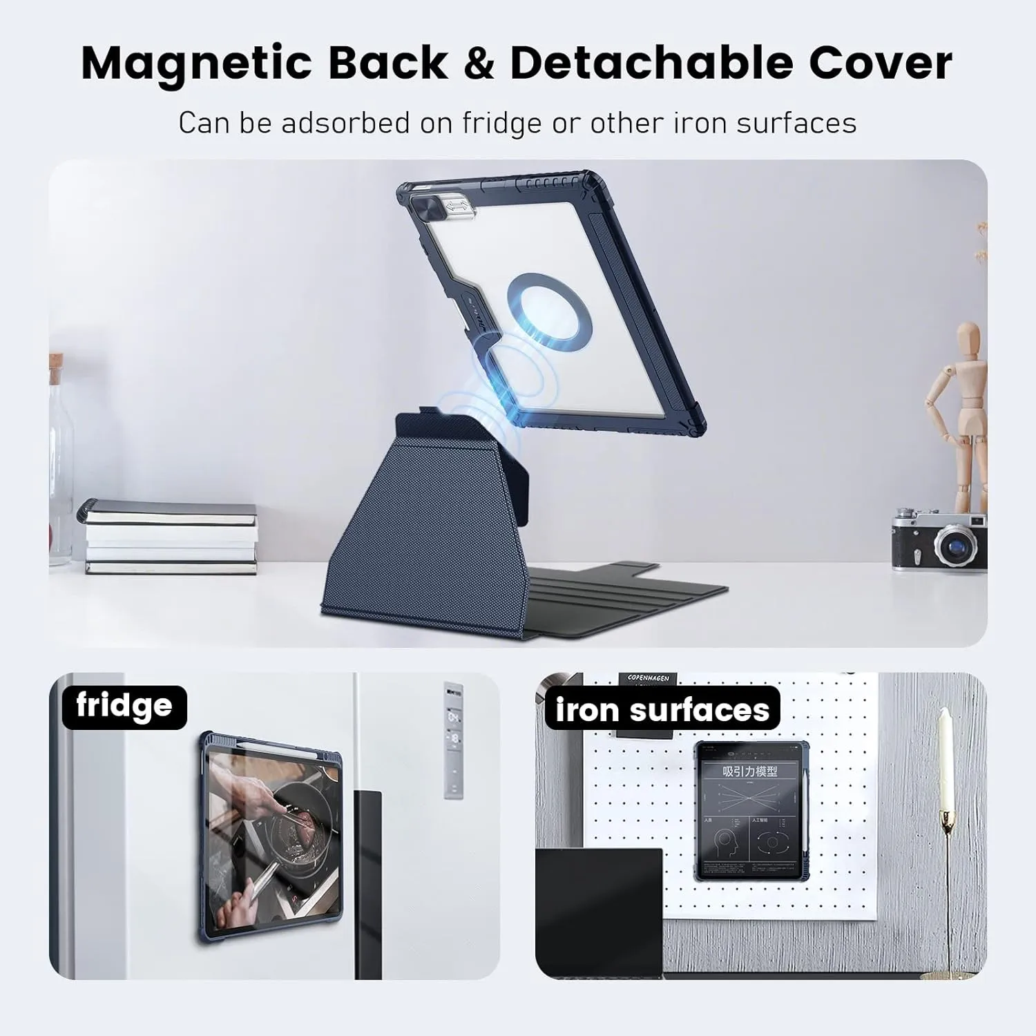 Nillkin iPad Air 13 inch Case(M2, 2024), iPad Pro 12.9 Case2022/2021(6th/5th Gen), Detachable Cover and Magnetic Back for Friger & Desk, Multiple Angle Shockproof Rugged Case with Camera Cover, Blue