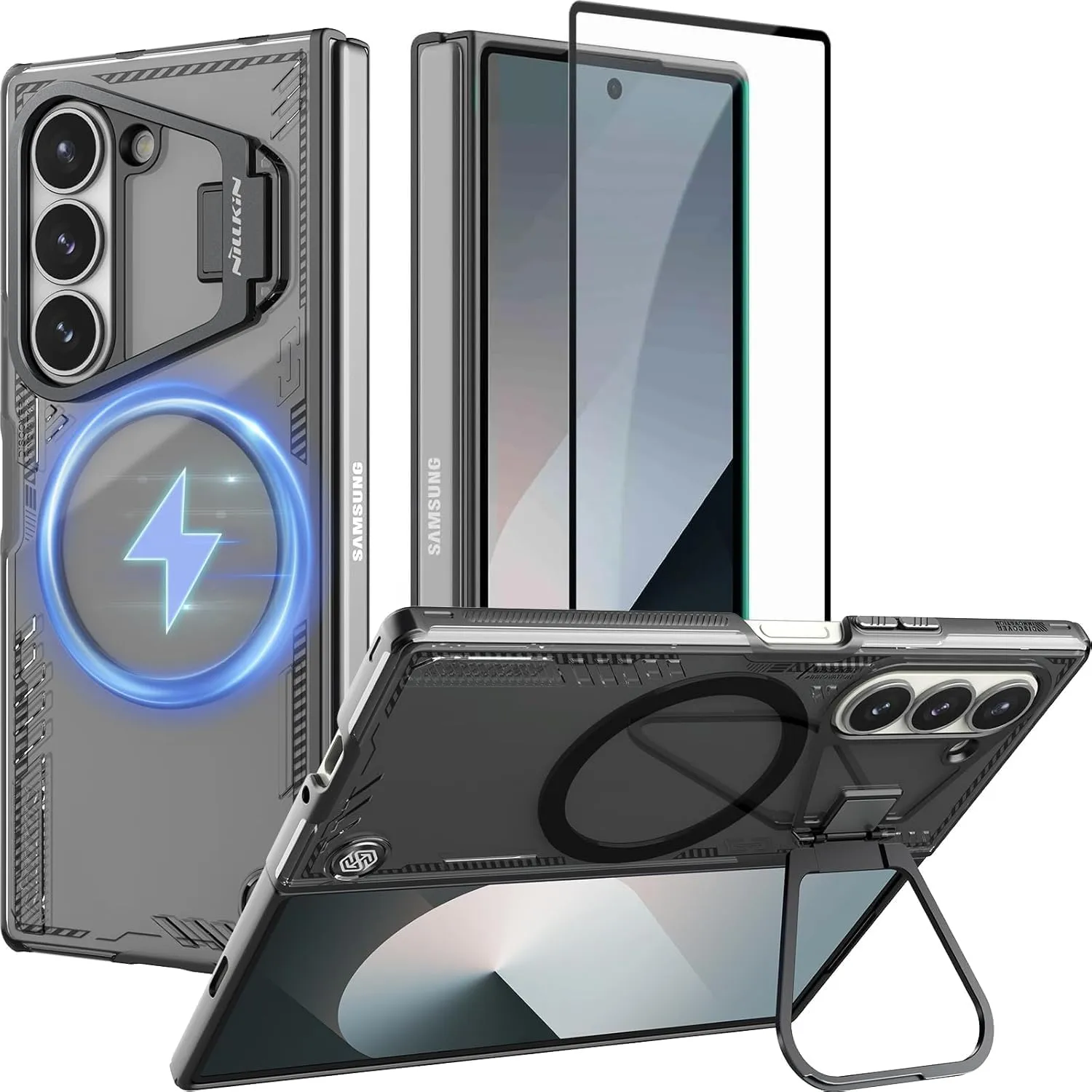 Nillkin [New Material for Samsung Galaxy Z Fold 6 Case Magsafe, Built-in HD Screen Protector & Camera Kickstand & Hinge Protection, Slim Clear Magnetic Phone Case for Samsung Galaxy Z Fold 6, Black