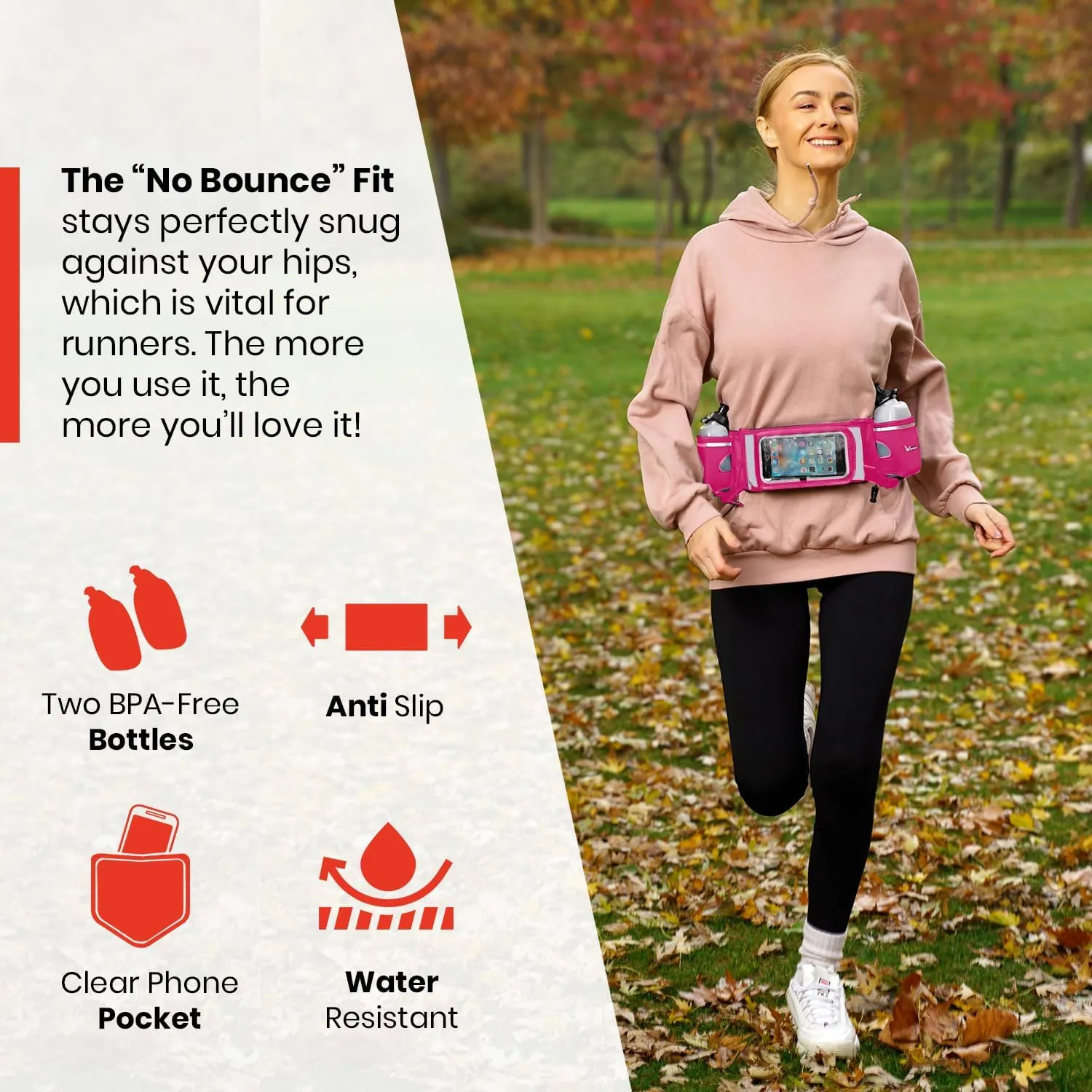 No.1 Hydration Belt by Runtasty - Premium Running Fuel Belt w/2 BPA-Free 10 oz Water Bottles, Tilt-Up Pocket w/Touchscreen-Ready Cover - Fits All iPhones, Runners Ebook & No-Bounce Design