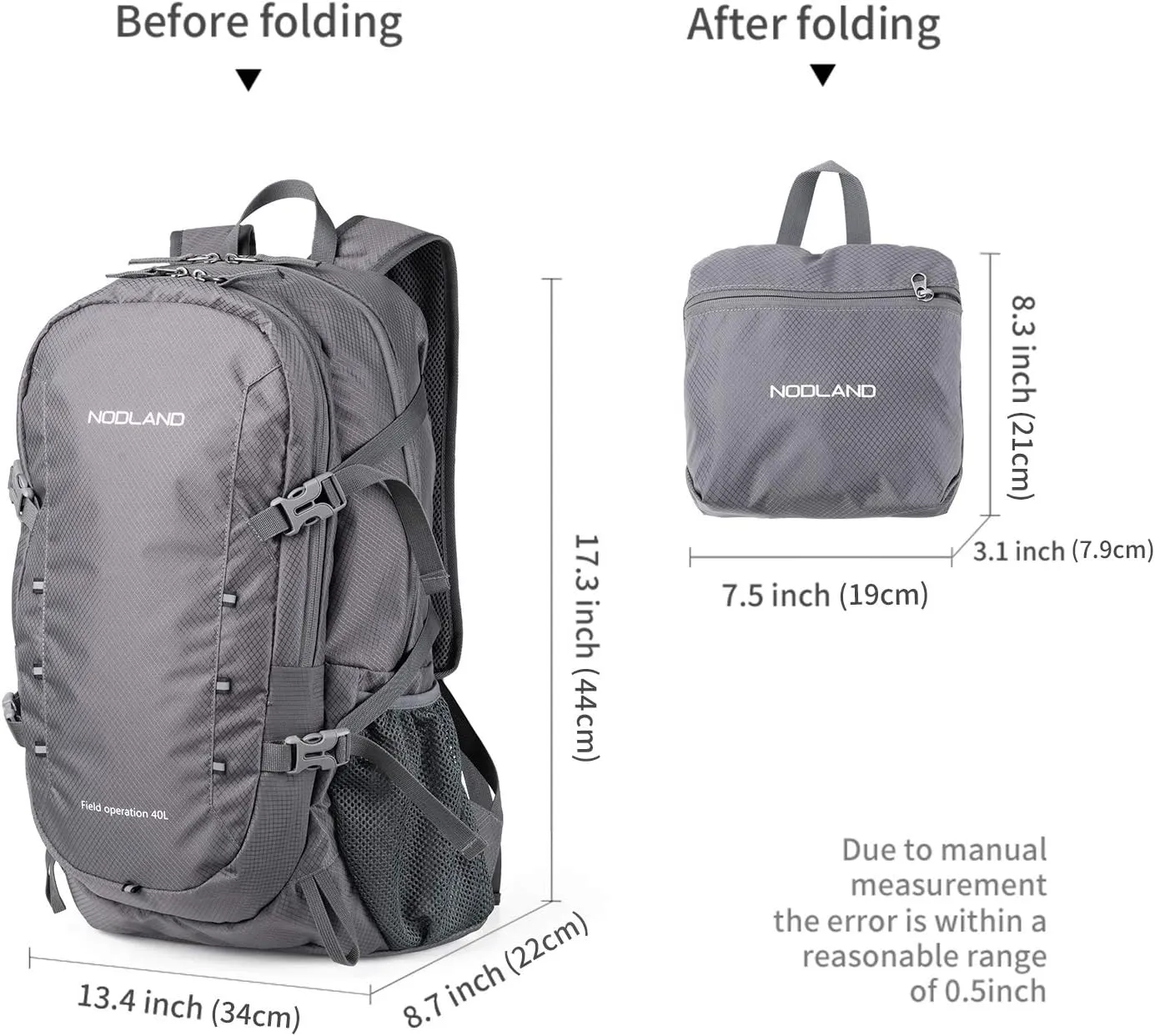 NODLAND Lightweight Backpack, Travel 40L Foldable Water-Resistant Daypack, Hiking Outdoor Camping Rucksack for Men Women