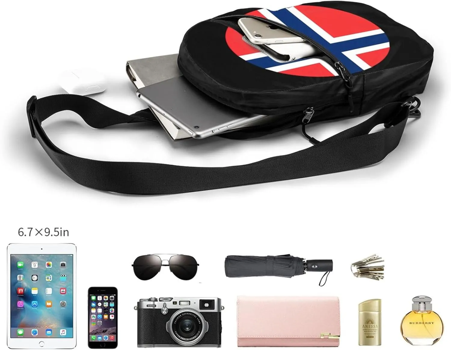 Norway Norwegian Flag Round Crossbody Bag Portable Sling Bags Foldable Chest Daypack Reusable Sports Shoulder Backpack Diagonally Casual Rucksack Travel Bag