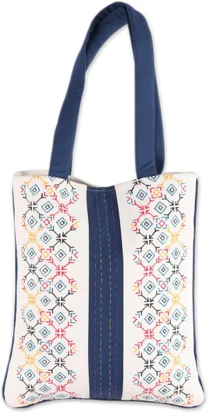 NOVICA Artisan Hand Embroidered Cotton Shoulder Bag Geometric from India Handbags White Blue Multicolor Embellished ' Vibrant Embroidery'