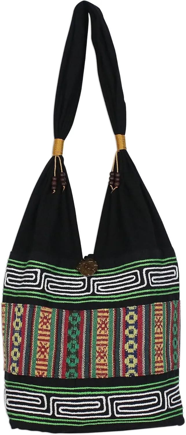 NOVICA Artisan Hand Embroidered Cotton Shoulder Bag Multicolored from Thailand Handbags ' Thai Hillside'