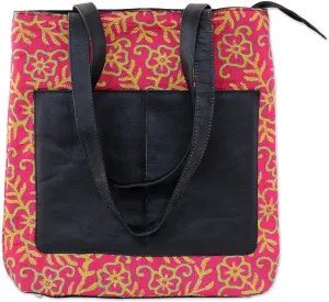 NOVICA Artisan Hand Embroidered Leather Accent Silk Shoulder Bag Kantha in Deep Rose from India Handbags Black Pink Printed Floral ' Deep Rose Festitivy'