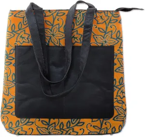 NOVICA Artisan Hand Embroidered Leather Accent Silk Shoulder Bag Kantha in Sunrise from India Handbags Black Orange Printed Leaf Tree ' Divine Sunrise'