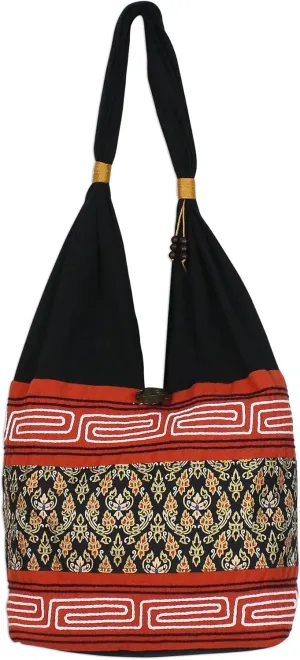 NOVICA Artisan Handmade Cotton Blend Shoulder Bag Floral in Paprika from Thailand Handbags Multicolor Embroidered ' Charming Thai in Paprika'