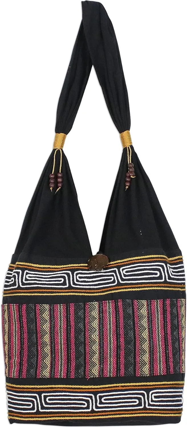 NOVICA Artisan Handmade Cotton Blend Shoulder Bag Zigzag Motif from Thailand Handbags Multicolor Embroidered ' Sophisticated Zigzag'