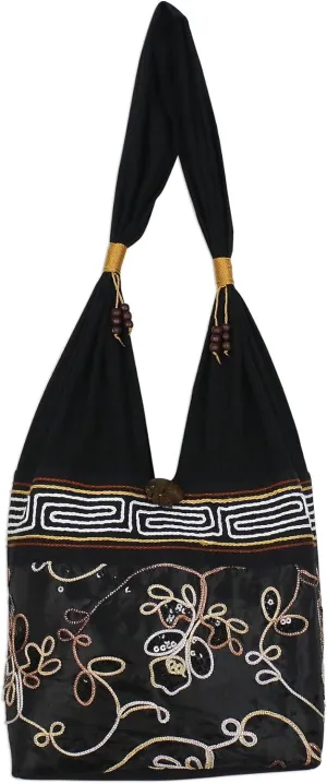NOVICA Artisan Handmade Cotton Shoulder Bag Floral from Thailand Handbags Black Brown Embroidered ' Floral Nighttime'