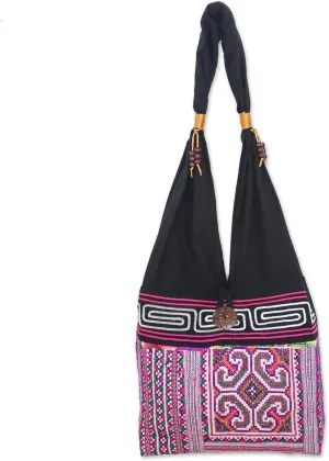 NOVICA Artisan Handmade Cotton Shoulder Bag Pink Black Bohochic from Thailand Handbags Embroidered Bohemian Geometric Hill Tribe ' Thai Brilliance'