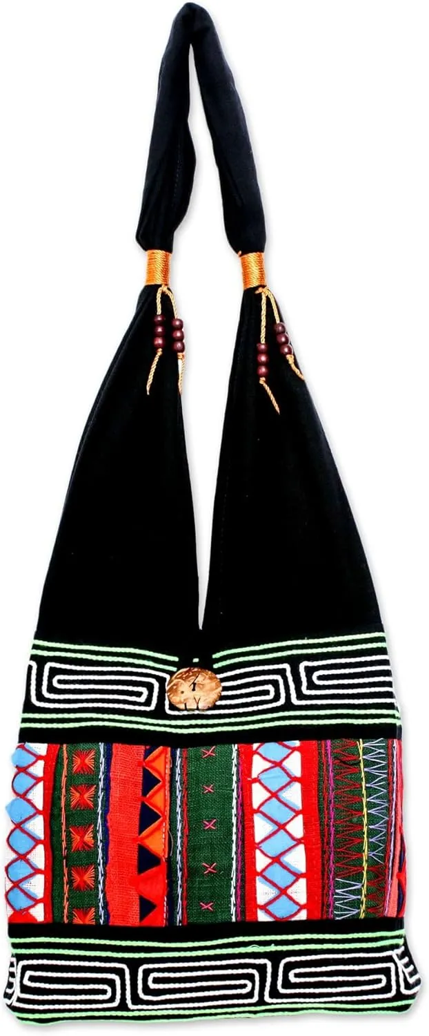 NOVICA Artisan Handmade Cotton Shoulder Bag Thai Multicolored with Geometric Motif Handbags Embroidered Thailand Hill Tribe ' Ardent Thai'