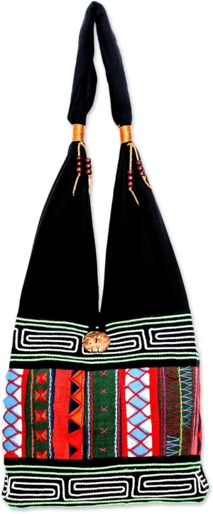NOVICA Artisan Handmade Cotton Shoulder Bag Thai Multicolored with Geometric Motif Handbags Embroidered Thailand Hill Tribe ' Ardent Thai'