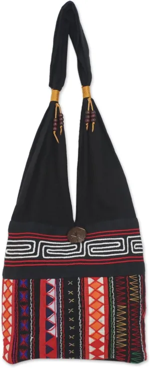NOVICA Artisan Handmade Cotton Shoulder Bag Thai Multicolored with Geometric Motif Handbags Embroidered Thailand Hill Tribe ' Ideal Thai'