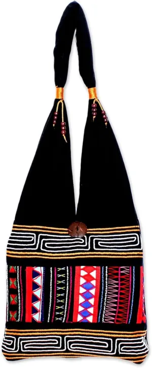 NOVICA Artisan Handmade Cotton Shoulder Bag Thai Multicolored with Geometric Motif Handbags Embroidered Thailand Hill Tribe ' Mesmerizing Thai'