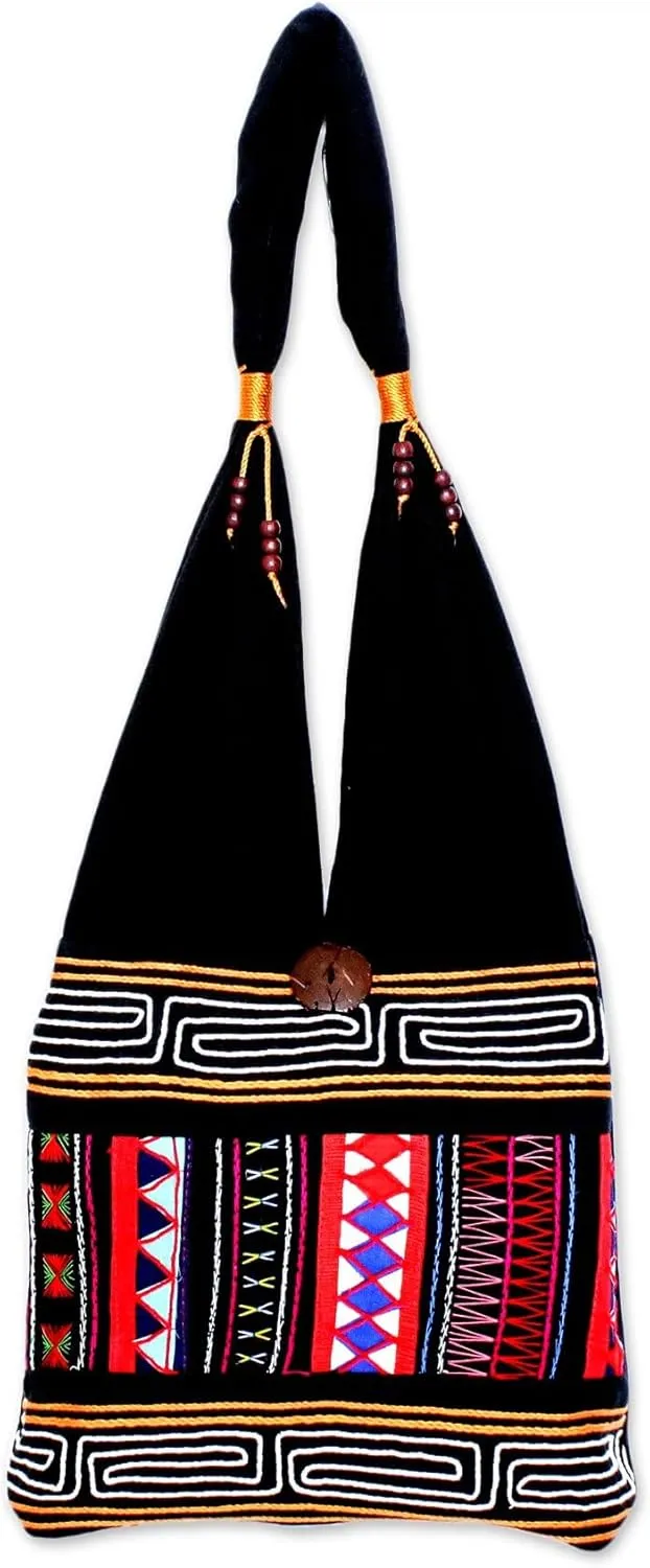 NOVICA Artisan Handmade Cotton Shoulder Bag Thai Multicolored with Geometric Motif Handbags Embroidered Thailand Hill Tribe ' Mesmerizing Thai'