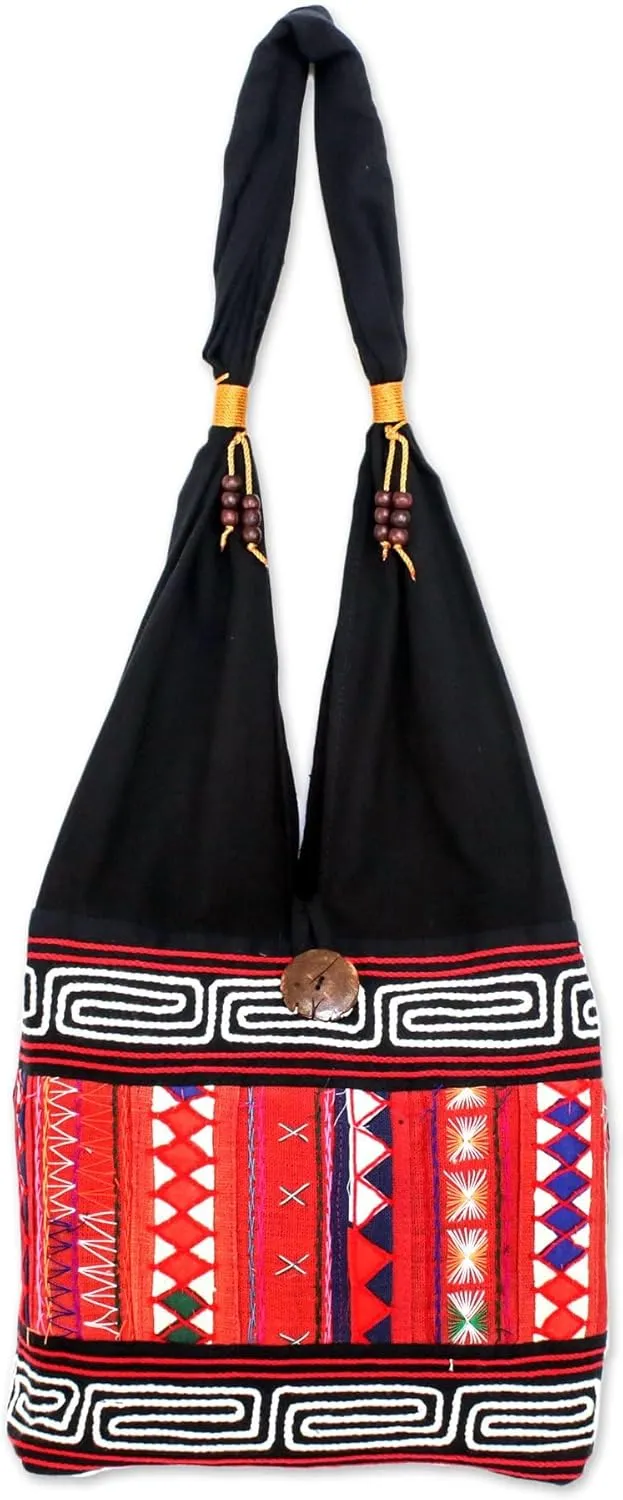 NOVICA Artisan Handmade Cotton Shoulder Bag Thai Multicolored with Geometric Motif Handbags Embroidered Thailand Hill Tribe ' Thai Dawn'