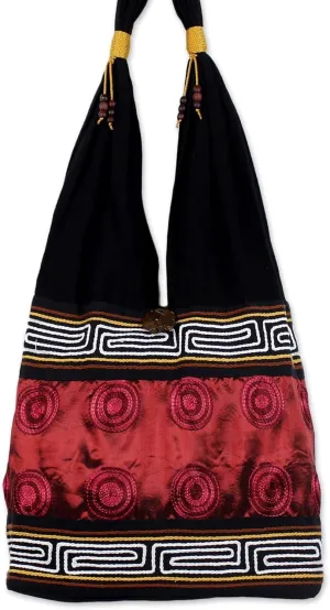 NOVICA Artisan Handmade Cotton Shoulder Bag Thai Style in Crimson Black Handbags Red Embroidered Thailand Hill Tribe Bohemian ' Crimson Wine'