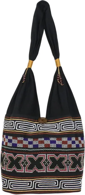 NOVICA Artisan Handmade Cotton Shoulder Bag Xmotif Blend from Thailand Handbags Black Multicolor Embroidered ' Beautiful Hillside'