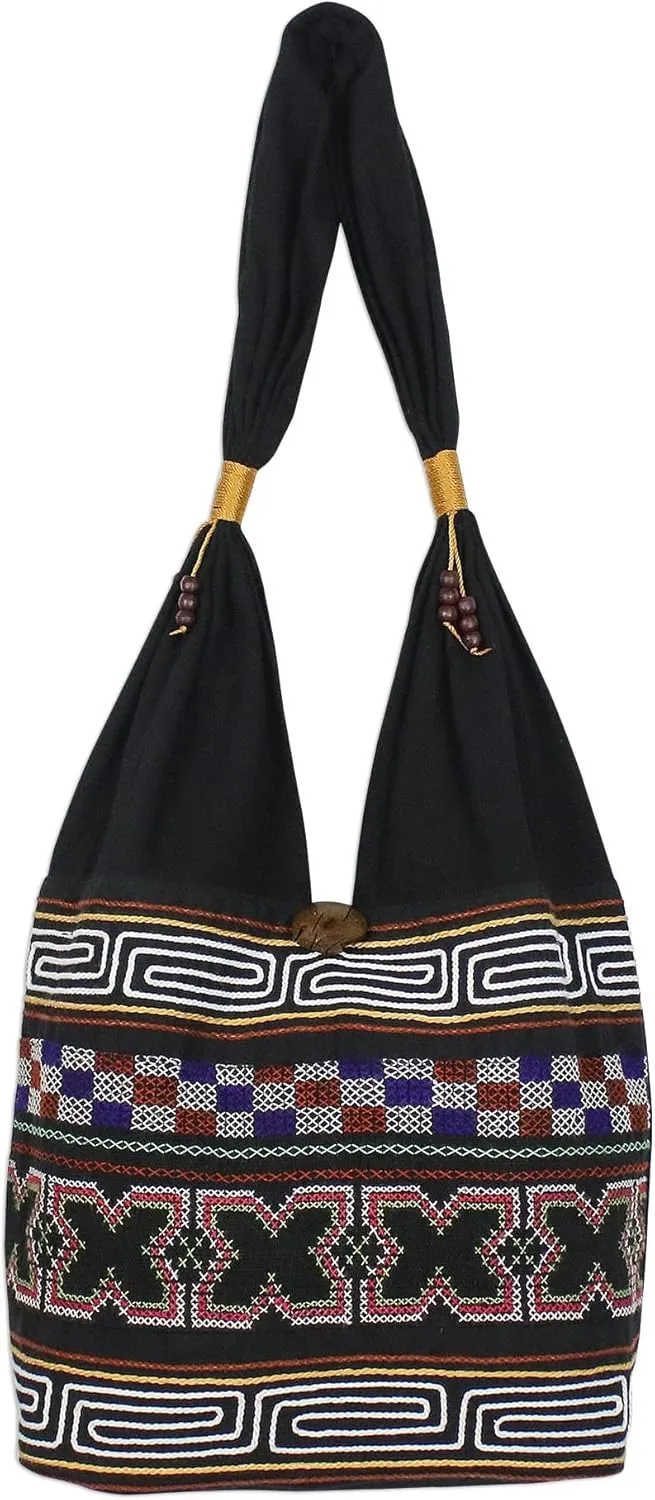 NOVICA Artisan Handmade Cotton Shoulder Bag Xmotif Blend from Thailand Handbags Black Multicolor Embroidered ' Beautiful Hillside'
