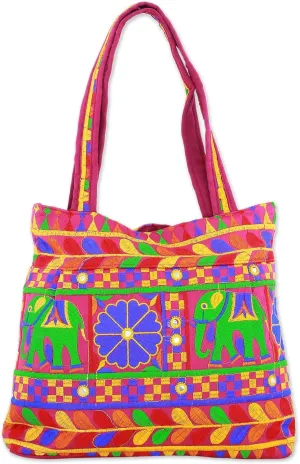 NOVICA Artisan Handmade Embroidered Tote Handbag with Floral Elephant Motifs from India Handbags Multicolor Greenery Shoulder Animal Themed Bollywood ' Elephant Fantasies in Magenta'