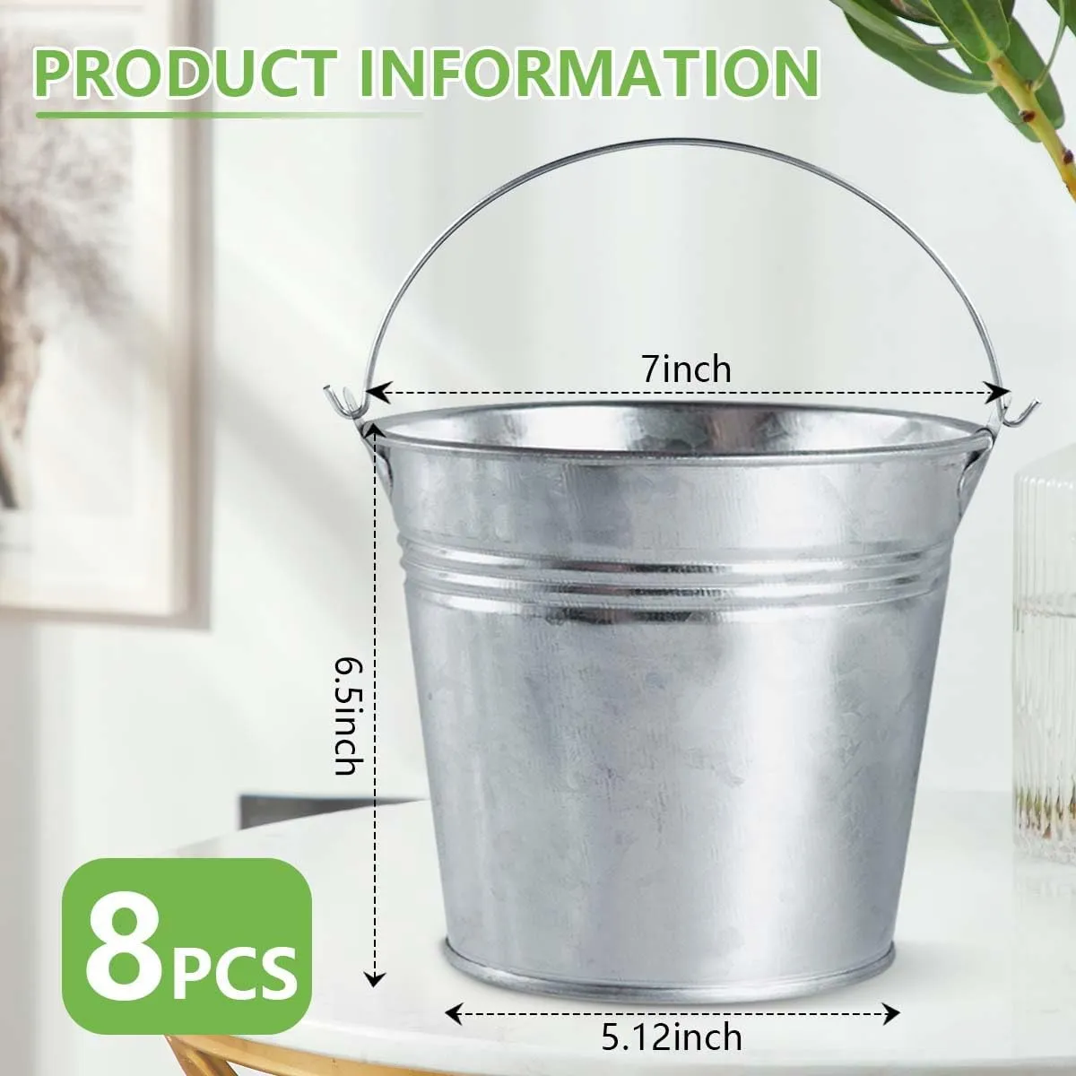 OBTANIM 8 Pack Galvanized Metal Buckets with Handle Ice Pails for Plants, Succulents, Party Favors Organizing, Rustic Home Decor or Classrooms Pencil Storage (7 x 5.1 inch)