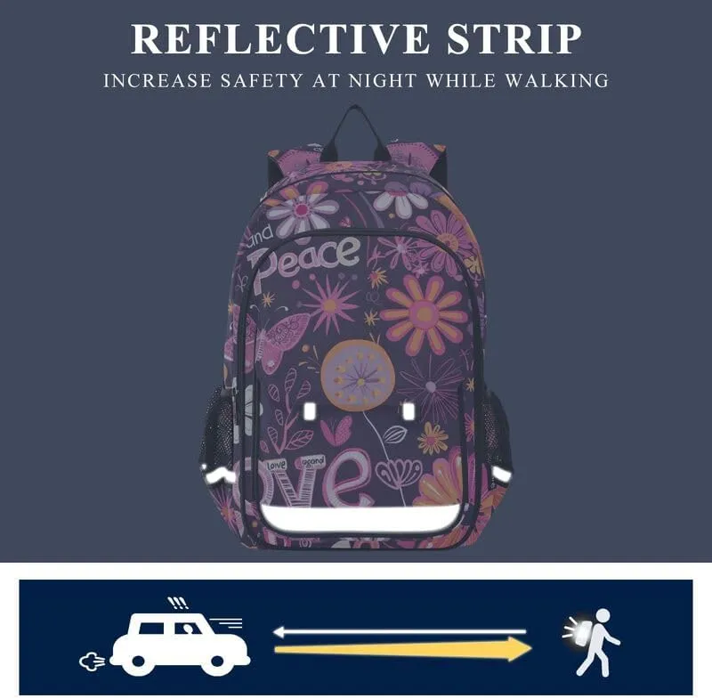 ODAWA Purple Hippie Flowers Kids School Bag Bookbag for Students Work Travel Kids Backpack Ages 6-12