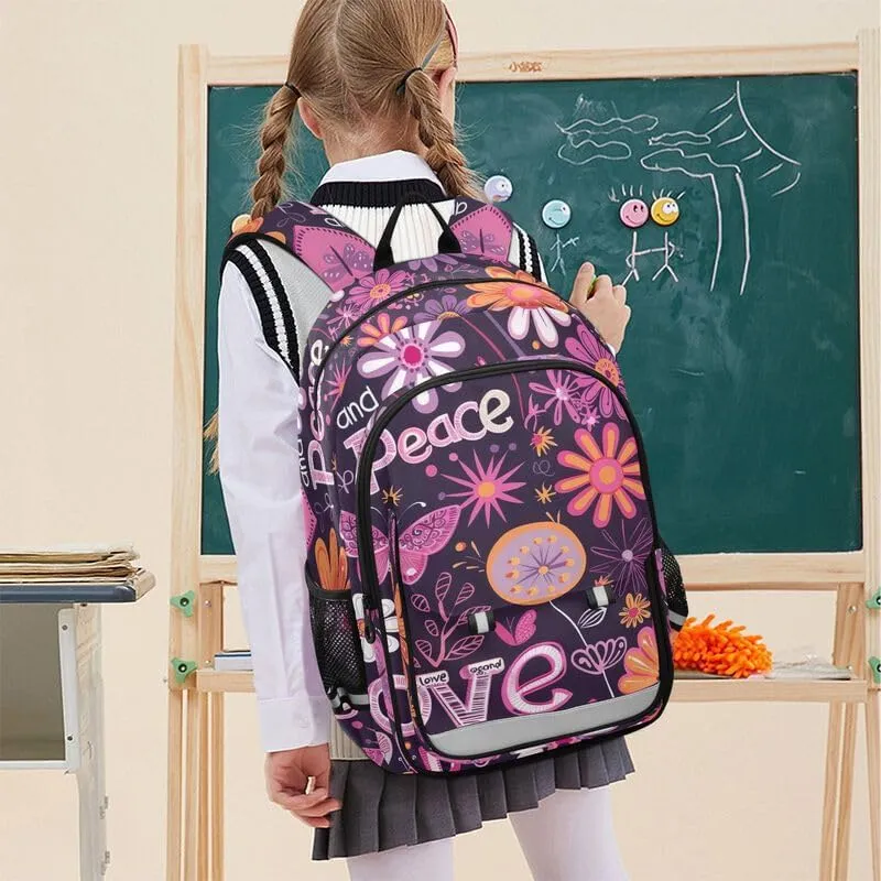 ODAWA Purple Hippie Flowers Kids School Bag Bookbag for Students Work Travel Kids Backpack Ages 6-12