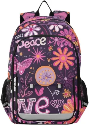 ODAWA Purple Hippie Flowers Kids School Bag Bookbag for Students Work Travel Kids Backpack Ages 6-12