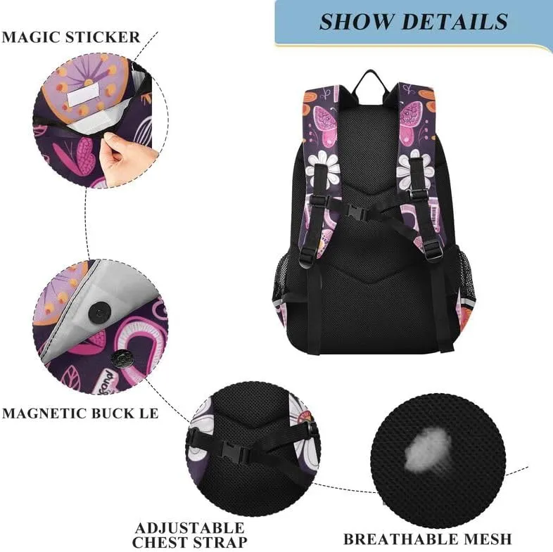 ODAWA Purple Hippie Flowers Kids School Bag Bookbag for Students Work Travel Kids Backpack Ages 6-12