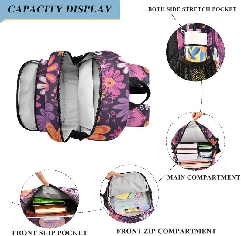 ODAWA Purple Hippie Flowers Kids School Bag Bookbag for Students Work Travel Kids Backpack Ages 6-12