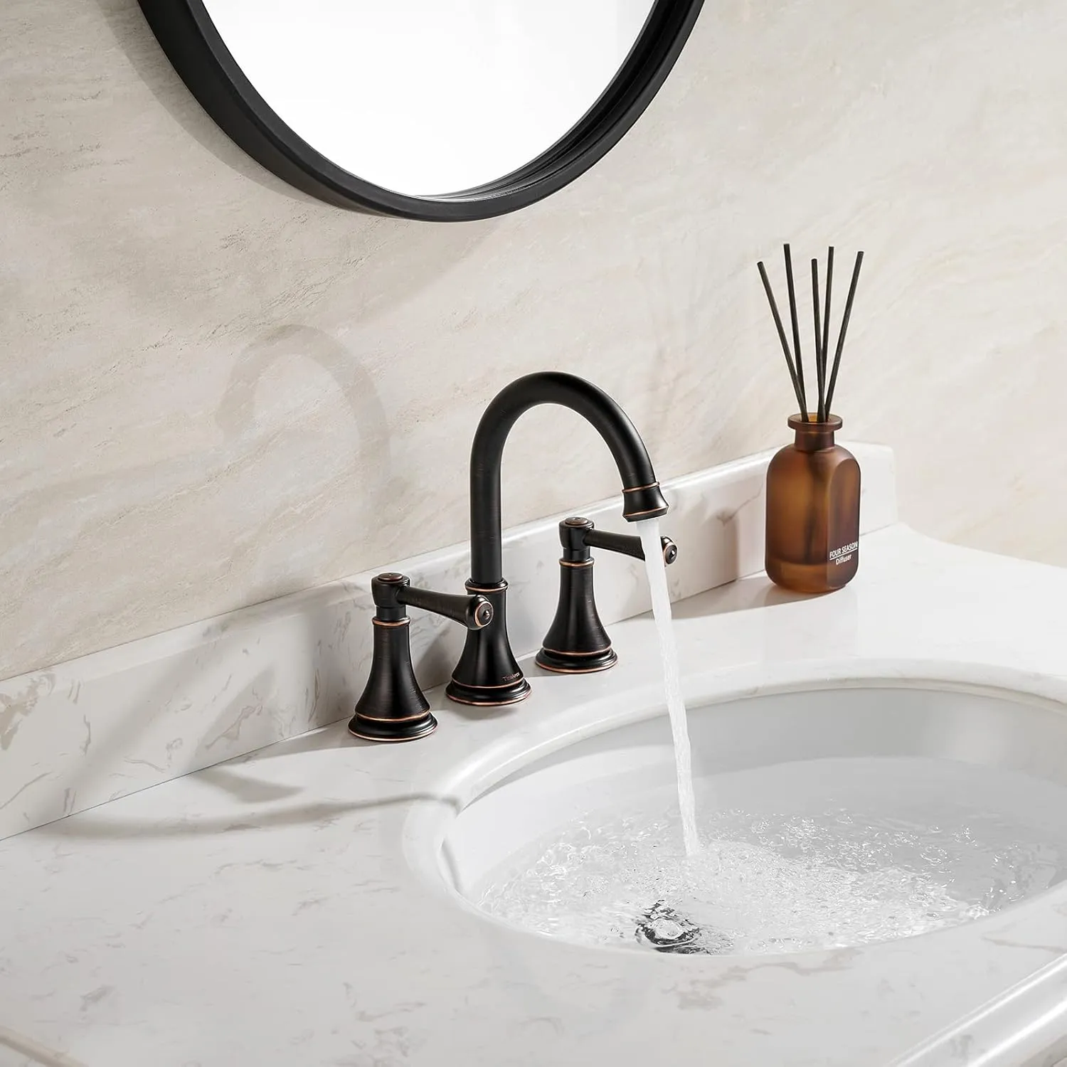 Oil Rubbed Bronze 8 inch Widespread Bathroom Sink Faucet 3 Holes with Pop-Up Drain, 2 Handle Modern Bathroom/Vanity/Lavatory Faucet with Brass 360° Swivel Spout, TAF830Y-ORB