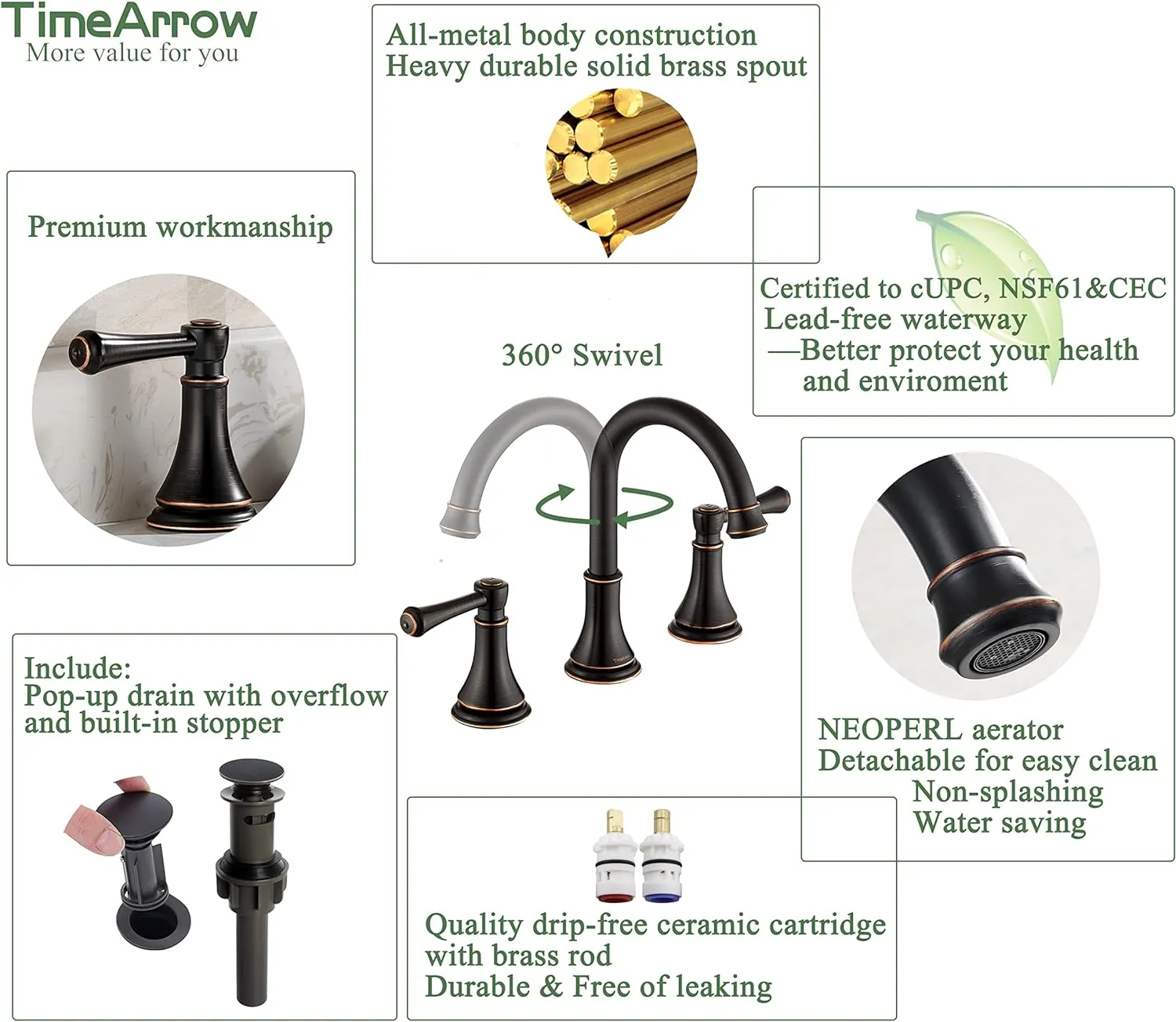 Oil Rubbed Bronze 8 inch Widespread Bathroom Sink Faucet 3 Holes with Pop-Up Drain, 2 Handle Modern Bathroom/Vanity/Lavatory Faucet with Brass 360° Swivel Spout, TAF830Y-ORB
