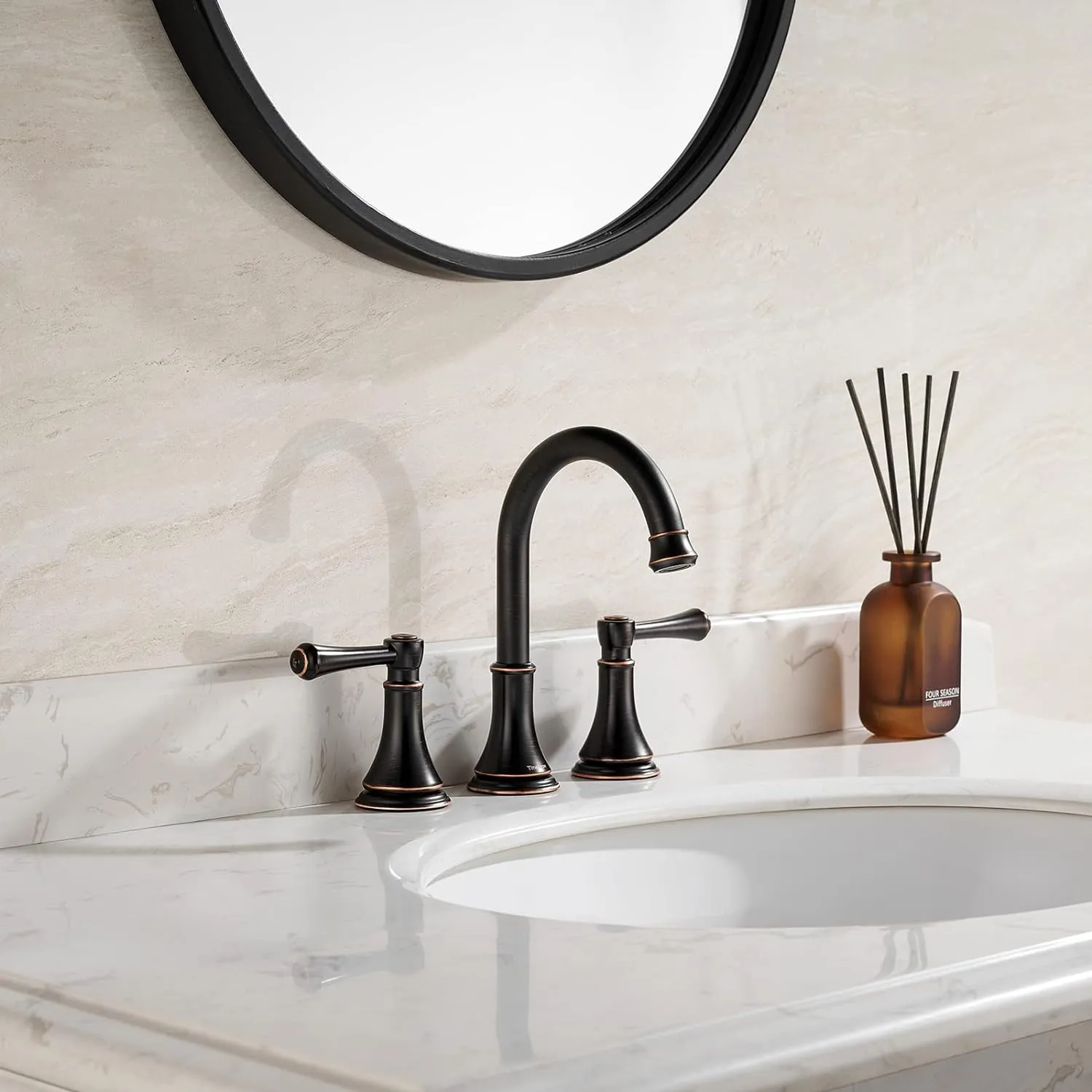 Oil Rubbed Bronze 8 inch Widespread Bathroom Sink Faucet 3 Holes with Pop-Up Drain, 2 Handle Modern Bathroom/Vanity/Lavatory Faucet with Brass 360° Swivel Spout, TAF830Y-ORB
