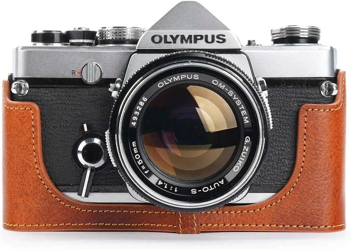 OM-4 Case, BolinUS Handmade Genuine Real Leather Half Camera Case Bag Cover for Olympus OM-1 /1N OM-2/2N OM-3/3Ti OM-4/4Ti (No Handle) Camera with Hand Strap (LavaBrown)