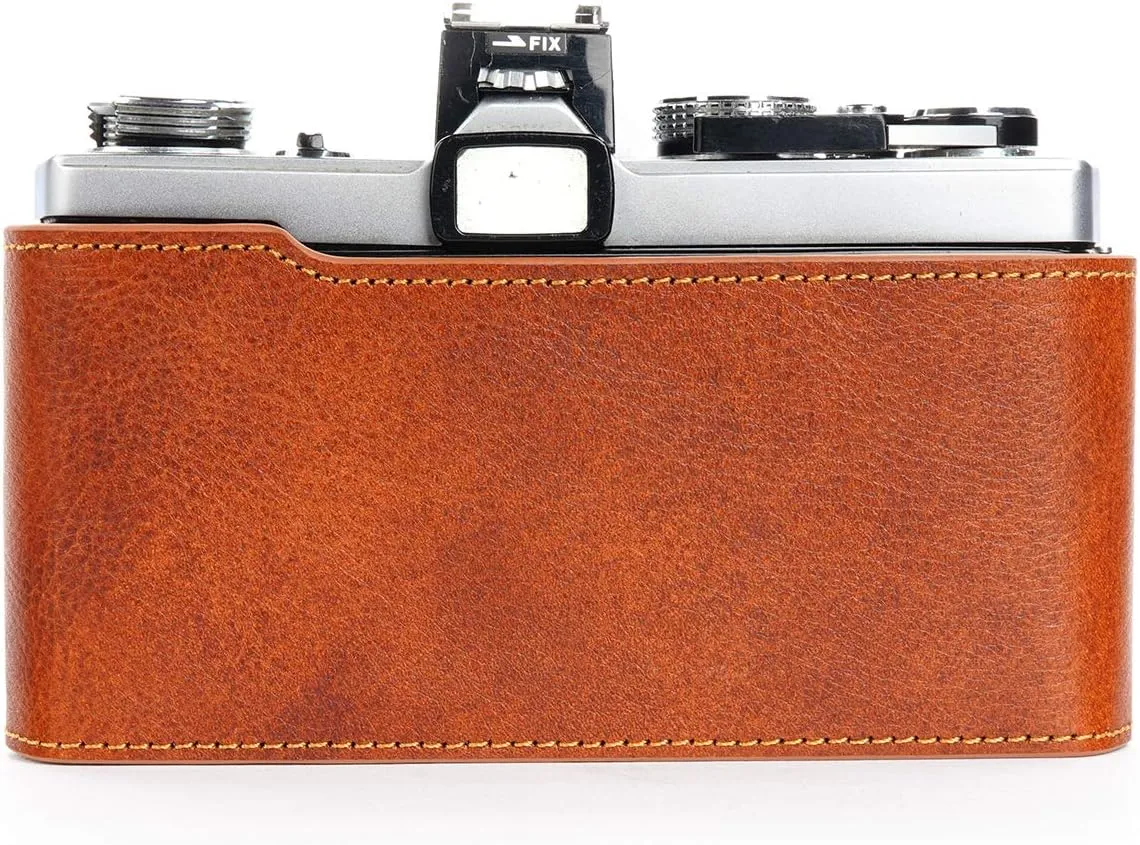 OM-4 Case, BolinUS Handmade Genuine Real Leather Half Camera Case Bag Cover for Olympus OM-1 /1N OM-2/2N OM-3/3Ti OM-4/4Ti (No Handle) Camera with Hand Strap (LavaBrown)