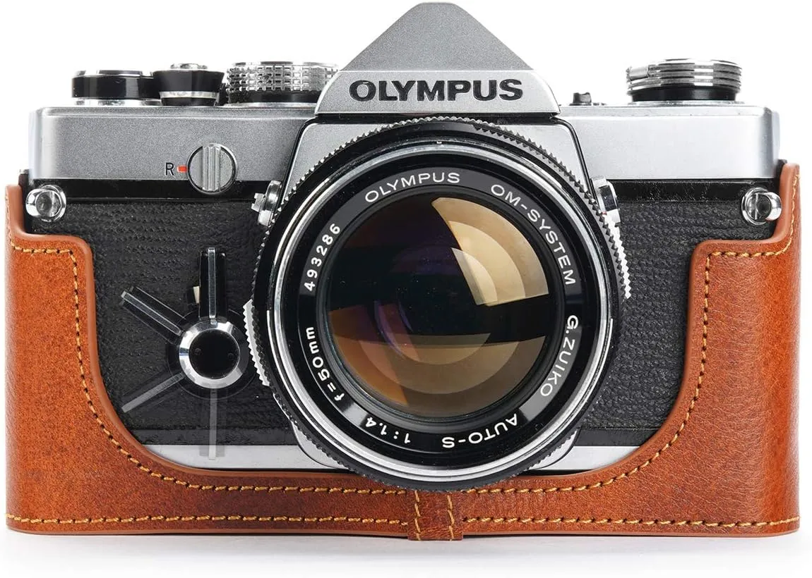OM-4 Case, BolinUS Handmade Genuine Real Leather Half Camera Case Bag Cover for Olympus OM-1 /1N OM-2/2N OM-3/3Ti OM-4/4Ti (No Handle) Camera with Hand Strap (LavaBrown)