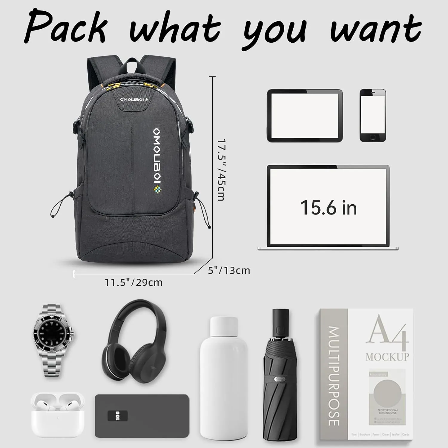 OMOUBOI Travel Laptop Backpack Lightweight 15.6" Reflective Business Daypack Water Resistant Computer Bag (Black)