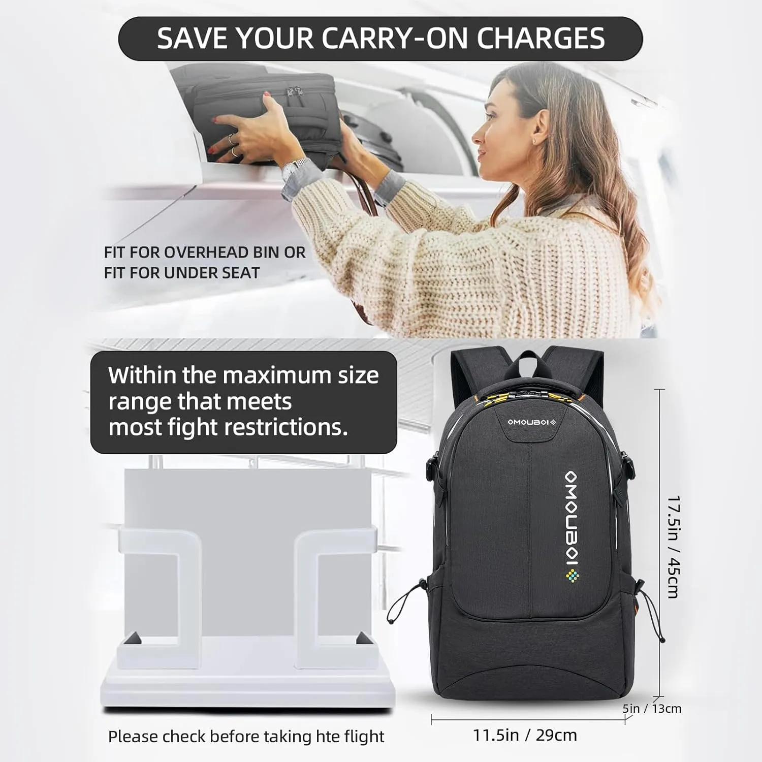 OMOUBOI Travel Laptop Backpack Lightweight 15.6" Reflective Business Daypack Water Resistant Computer Bag (Black)