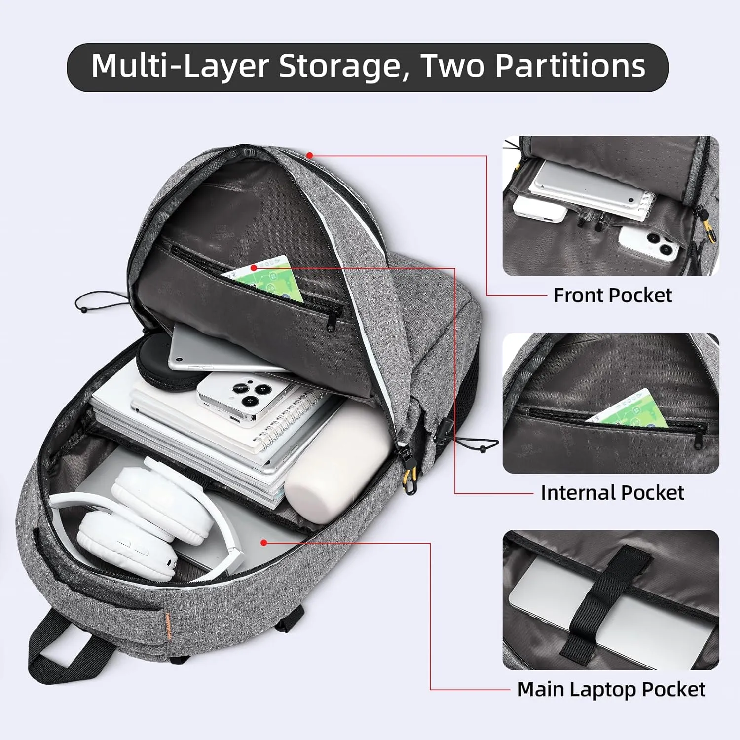 OMOUBOI Travel Laptop Backpack Lightweight 15.6" Reflective Business Daypack Water Resistant Computer Bag (Grey)