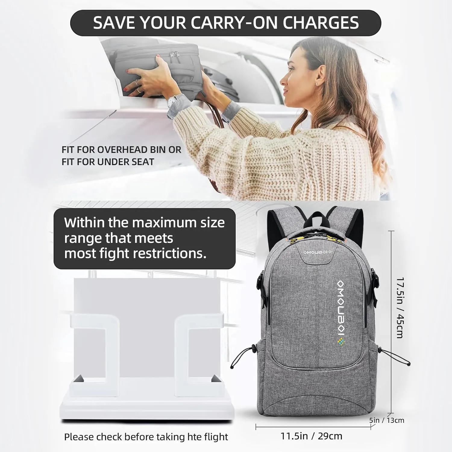 OMOUBOI Travel Laptop Backpack Lightweight 15.6" Reflective Business Daypack Water Resistant Computer Bag (Grey)