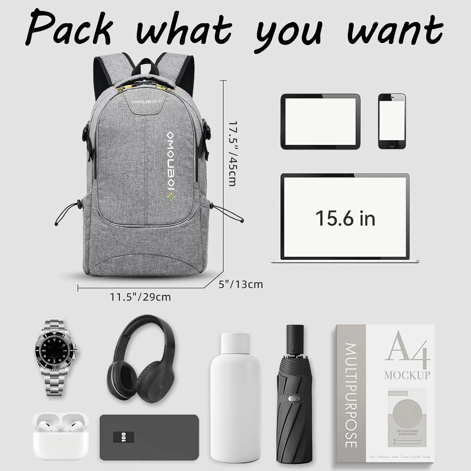 OMOUBOI Travel Laptop Backpack Lightweight 15.6" Reflective Business Daypack Water Resistant Computer Bag (Grey)